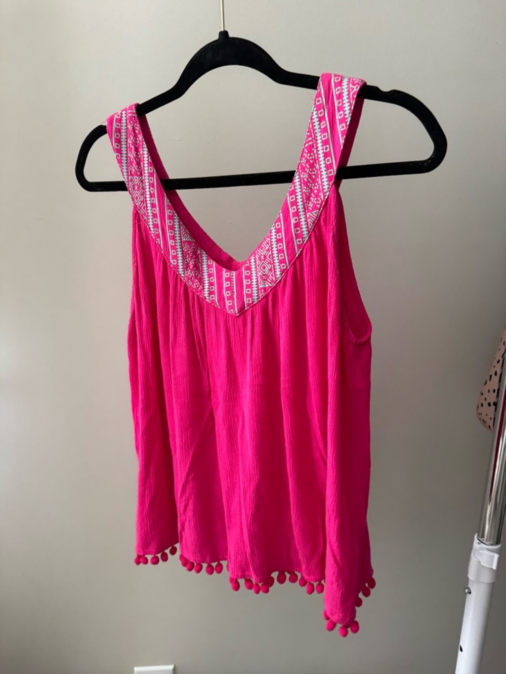 Umgee Hot Pink Embroidered V-Neck Tank with Pom Trim